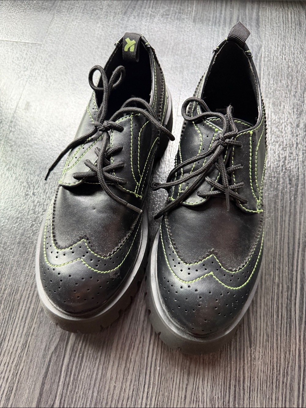 Black Wingtip Derby Oxfords with Green Contrast Stitching